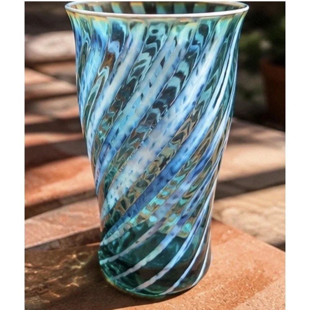 Vintage Fostoria Art Glass Tumbler Set Of 6 Blue/Teal Spiral Signed Hand Blown